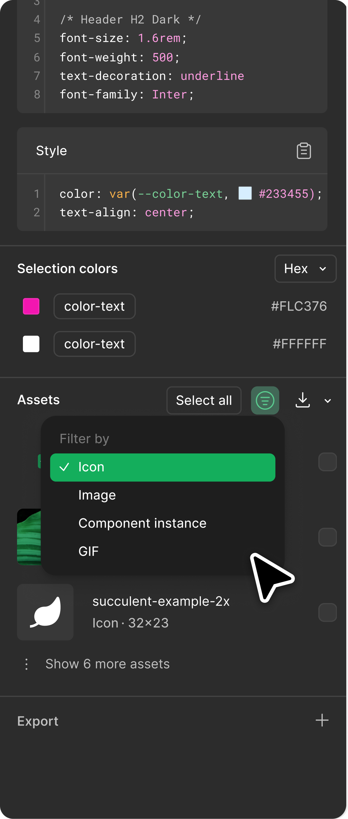 DevMode — asset panel