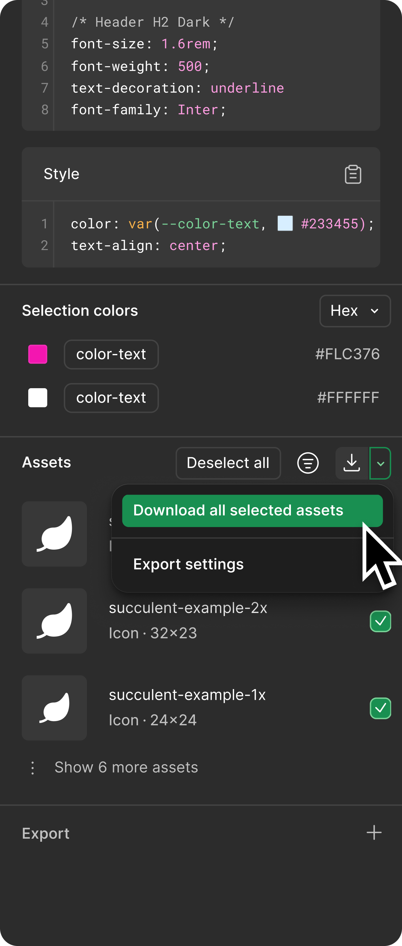 DevMode — asset panel